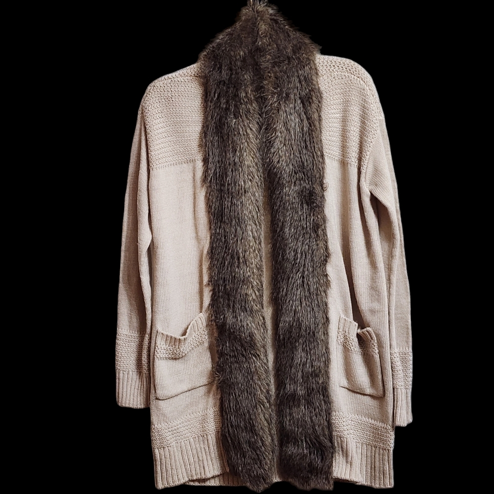 Vintage XOXO Tan Faux Fur Open Front Long Sleeve Cable Knit Cardigan XL Luxury
